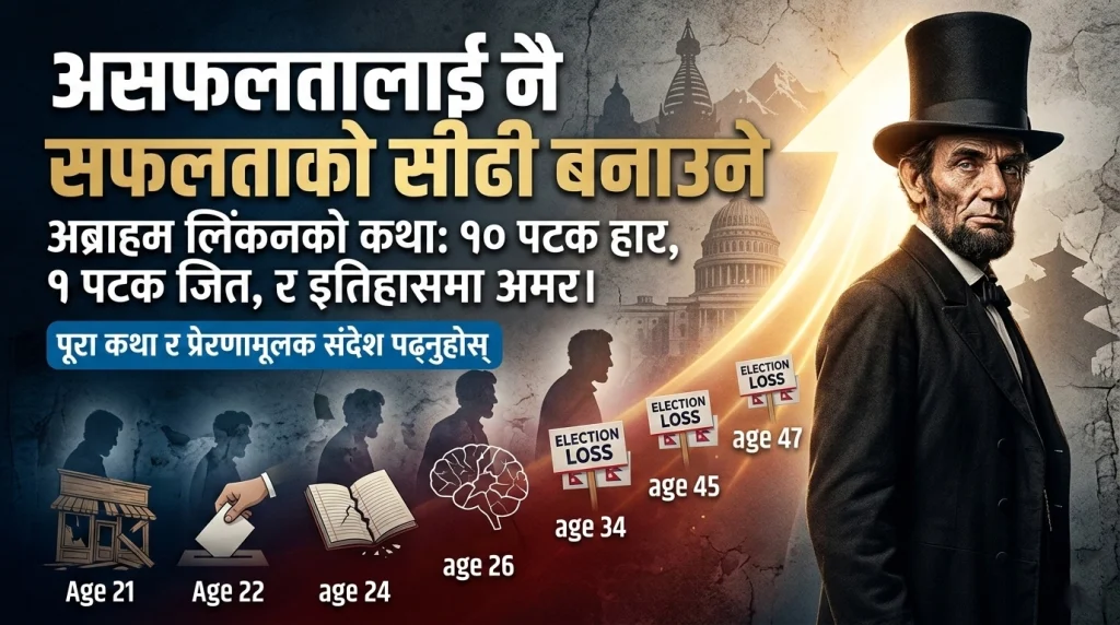Abraham Lincoln success story Nepali motivation poster