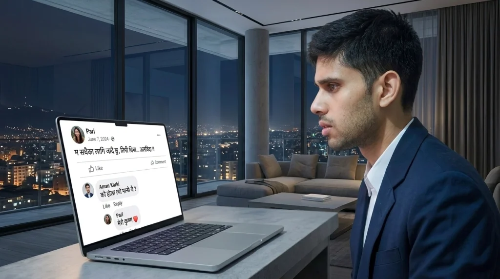 A dramatic side-profile photograph of the young man, whose identity is precisely maintained, staring at a laptop screen in a modern high-rise Kathmandu apartment. The screen clearly and sharply renders the full, exact Nepali Facebook status and comments context from image_5.png, referencing 'Pari' and the date 'June 7'. He looks deeply distressed. The night city panorama of Kathmandu is visible through the side windows, matching the context and story Title: जब एउटा स्टाटसले सबथोक बदलियो।