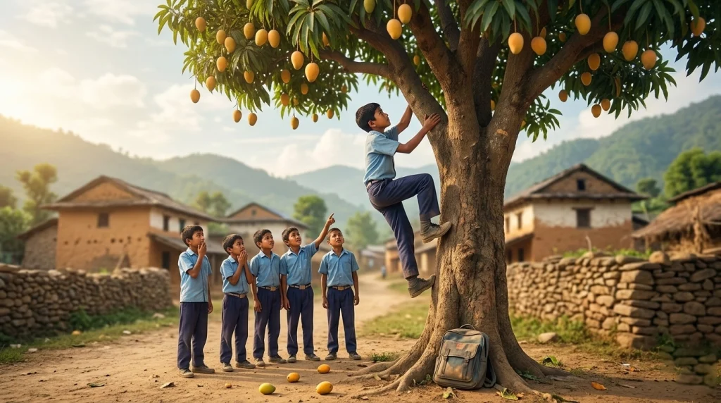A dramatic, cinematic photograph of a determined Nepali school boy climbing a majestic mango tree full of ripe mangoes while his friends watch from below. This key scene from the popular **Nepali motivational story** "जब आपको रूख चढ्दा सब्बै मेरा आफ्ना भए" symbolizes personal progress and determination. The setting is a rural Nepali village during golden hour, with mountains and simple homes in the blurred background. A powerful visual about the theme of 'initiative vs. patience'.