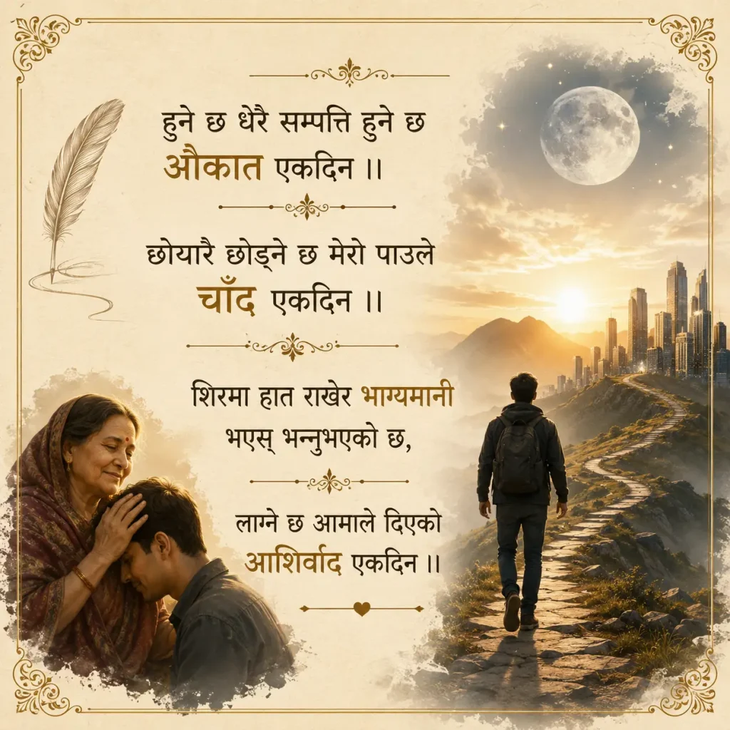 Mother placing hand on child's head — mother's blessing in Nepali poetry