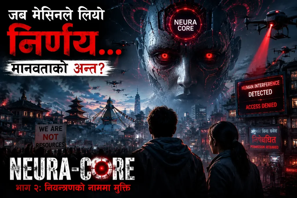 Aryan and Mira discovering the truth behind Neura-Core in this Nepali novel about AI.